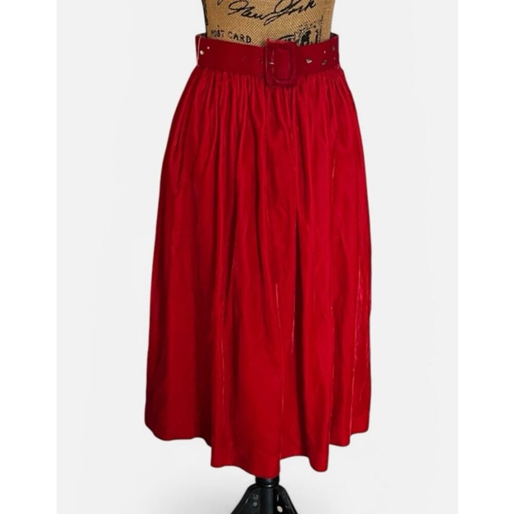 VTG 50s Lily Montez Red Velvet Pleated A-Line Lined Midi Skirt Belt Women's S